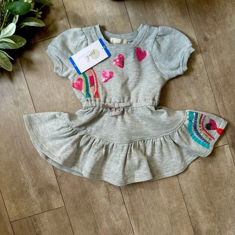 New Peek Toddler Girls Short Sleeve Sequin Dress Rainbow And Hearts size 2T